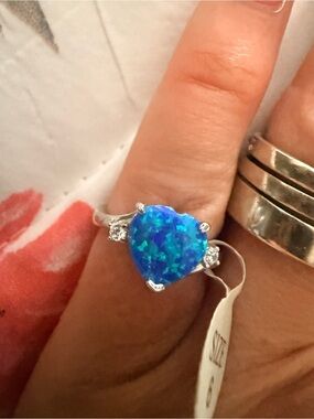 Heart-Shaped Blue Opal Ring with Clear Accents - Silver Tone